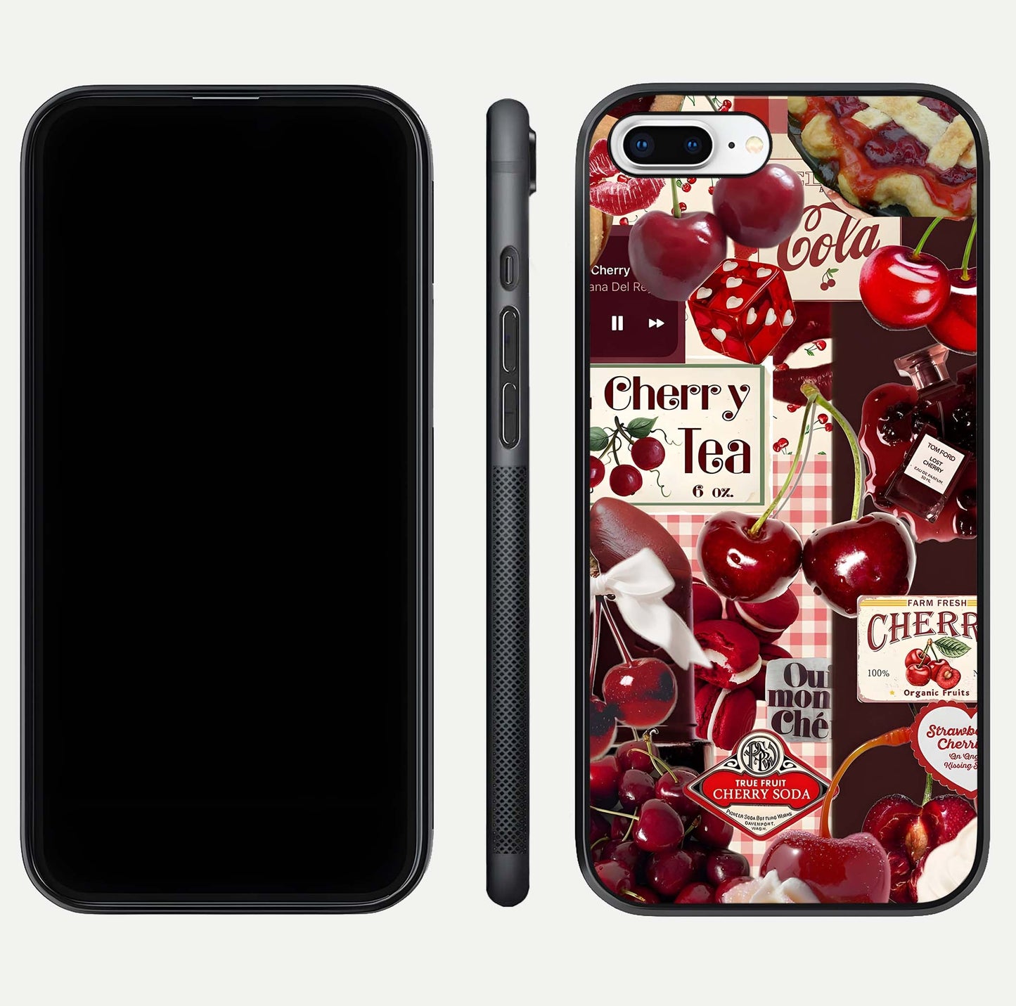 Aesthetic Cherry Tea Glass Case for iPhone 16 Pro front and back view layout showing black front display and artistic cherry-themed glass back