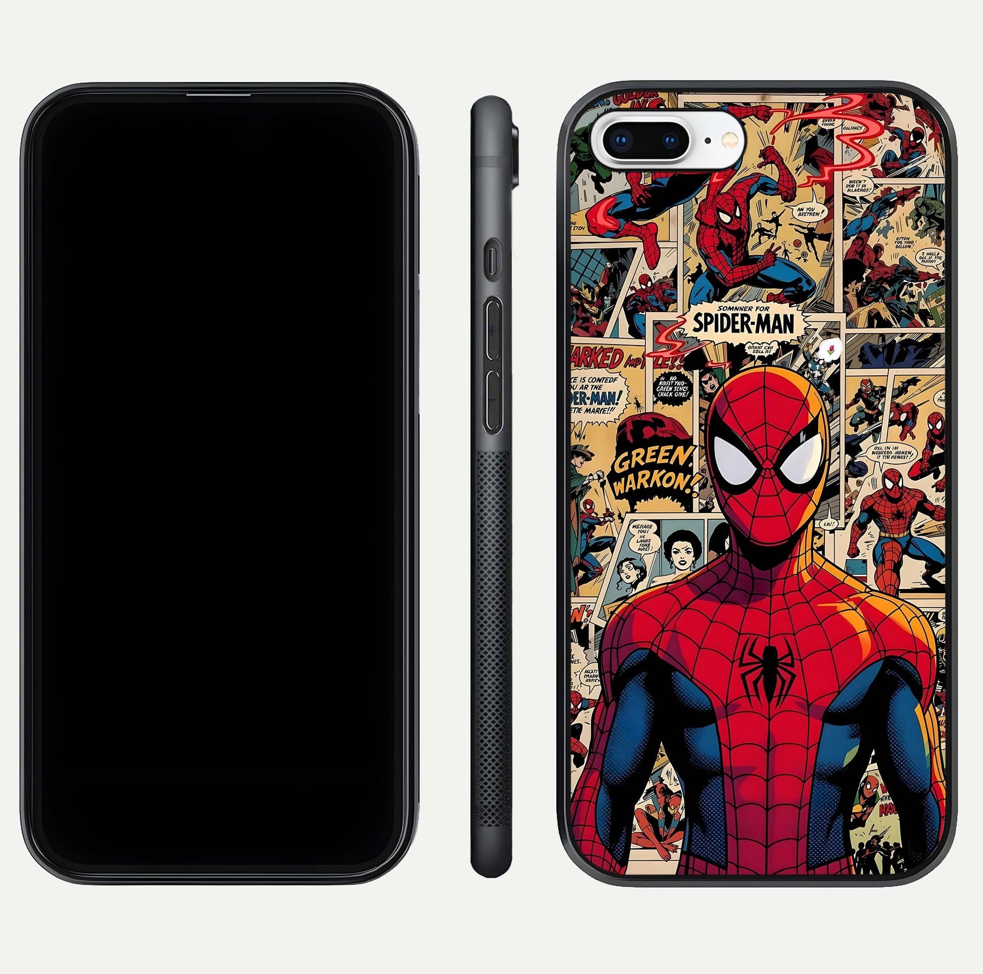 Aesthetic Spider Man Glass Case for iPhone 16 Pro front and back view layout showing black front display and Spider-Man art glass back