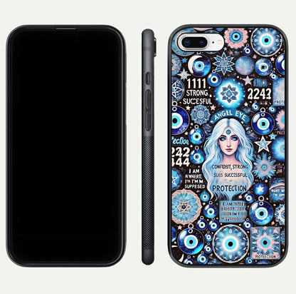 Angel Aura Shield Glass Case for iPhone 16 Pro front and back display highlighting glass clarity and spiritual design