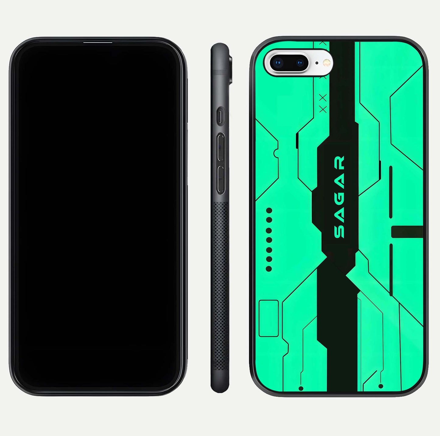 Aqua Tech CYBERPUNK Custom Name Glass Case for iPhone 16 Pro front and back display showing sleek tech pattern and shine