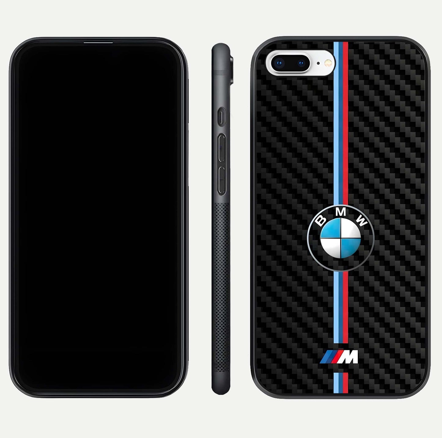 BMW Pattern Glass Case for iPhone 8 Plus front-and-back layout displaying car-themed art and premium glass gloss