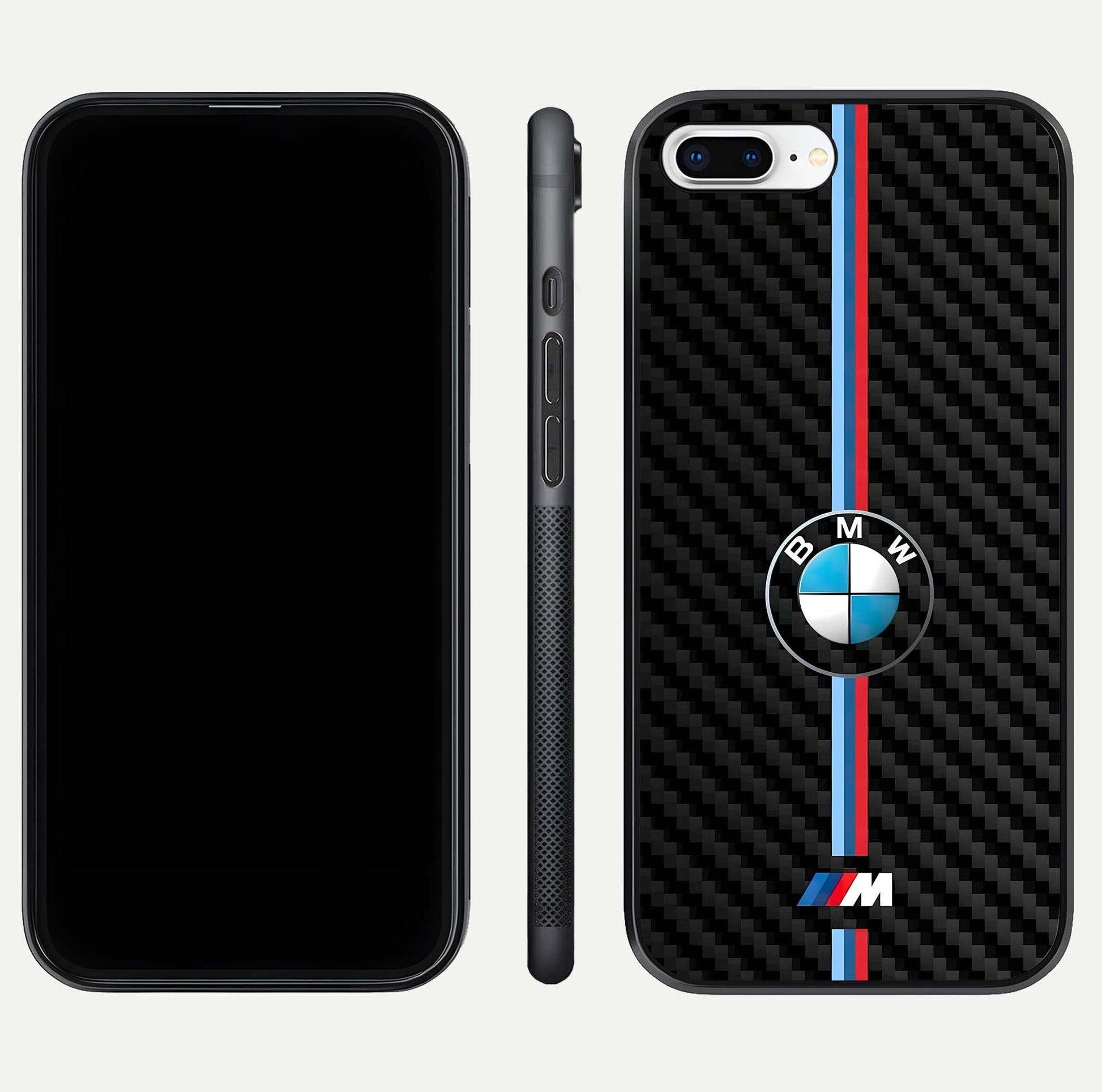 BMW Pattern Glass Case for iPhone 8 Plus front-and-back layout displaying car-themed art and premium glass gloss