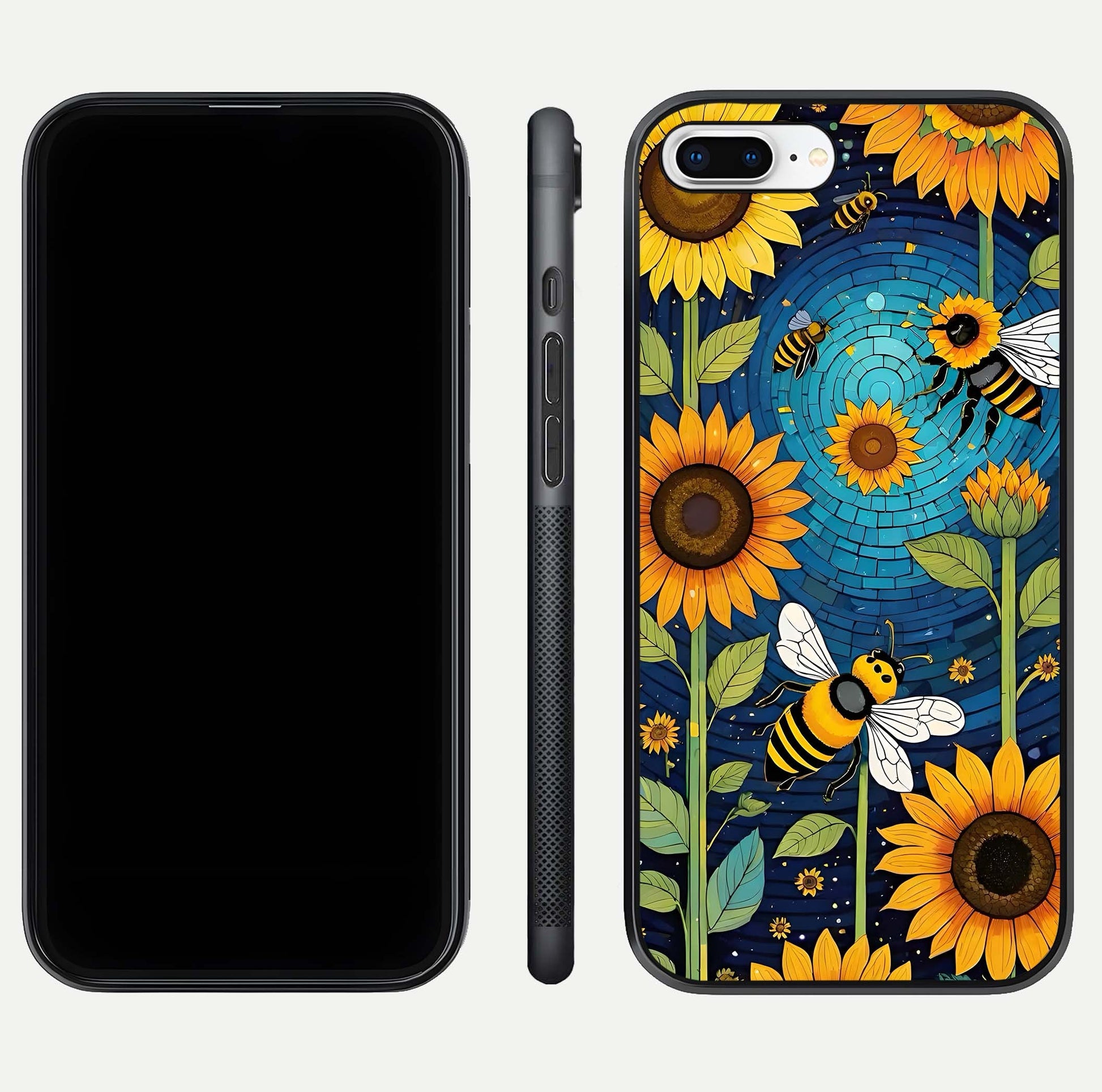 Bees & Sunflowers Glass Case for iPhone 16 Pro front-and-back layout highlighting nature-inspired artwork and protective edge