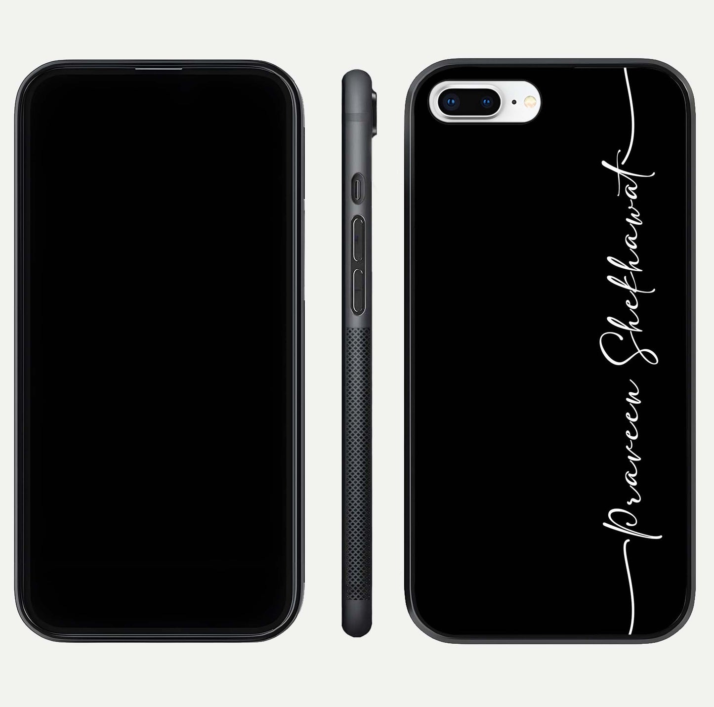 Black Tune Custom Name Glass Case for iPhone 8 Plus front-and-back layout showing personalized name zone and edges