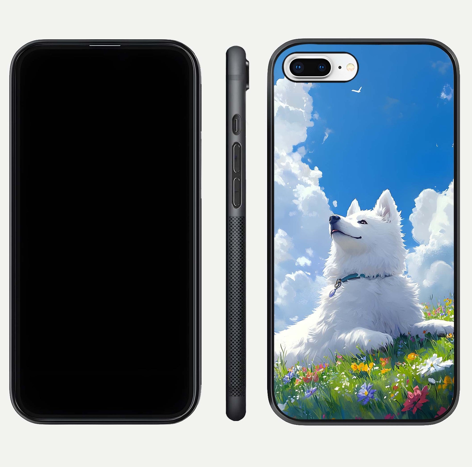 Blissful Cloud Pup Glass Case for iPhone 8 Plus front-and-back layout showing art alignment and edge design