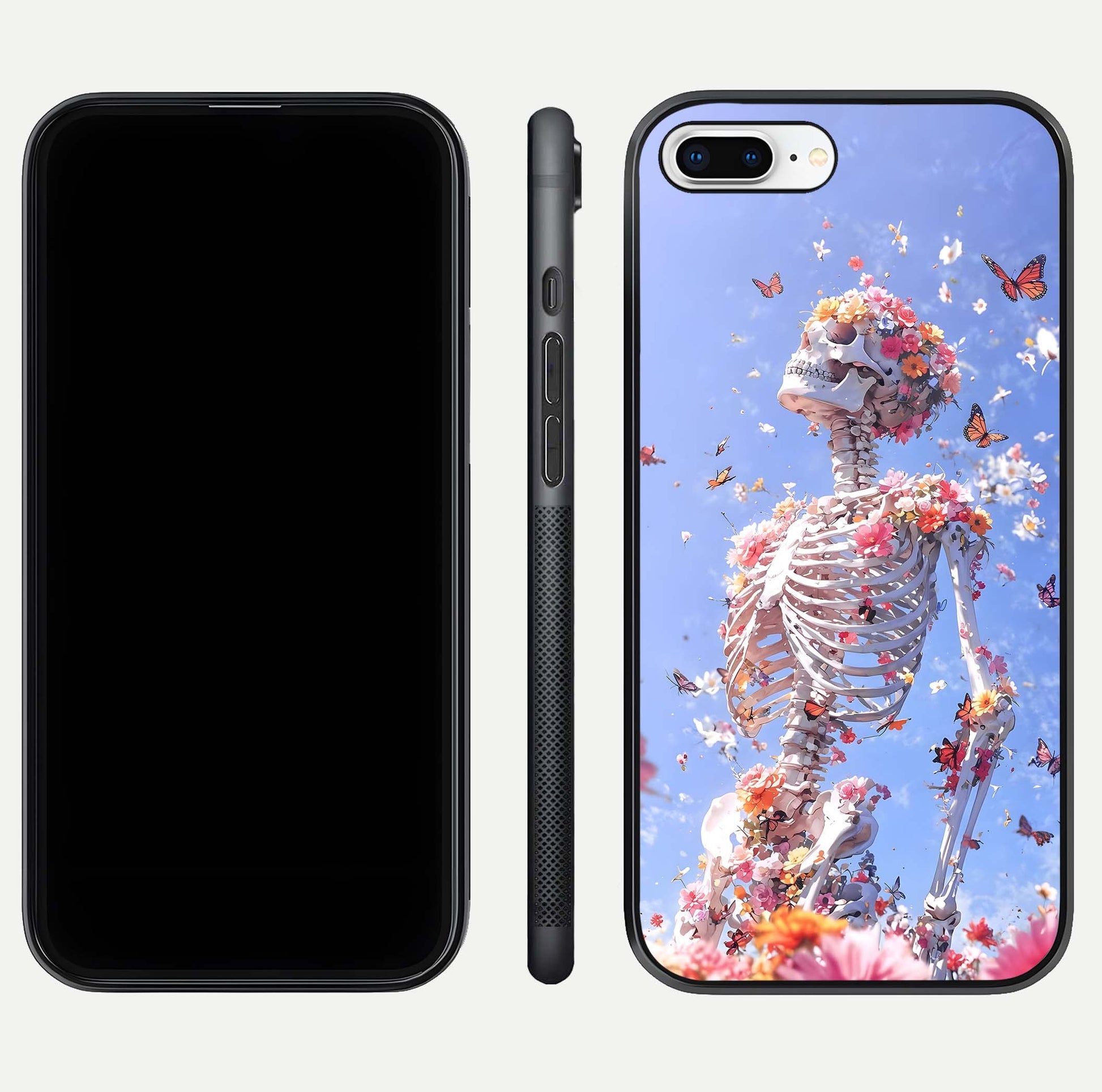 Bloom Beyond Bones Glass Case for iPhone 8 Plus dual-view layout showing creative aesthetic and edge design