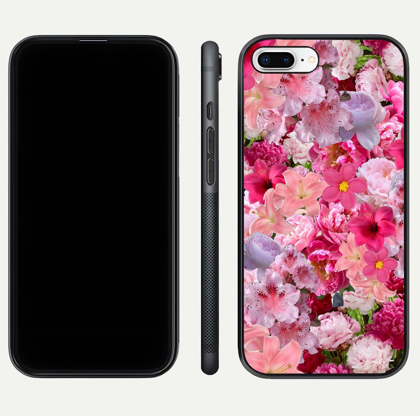 Bloom Crush Fantasy Glass Case for iPhone 8 Plus dual-view layout highlighting edges and premium shine
