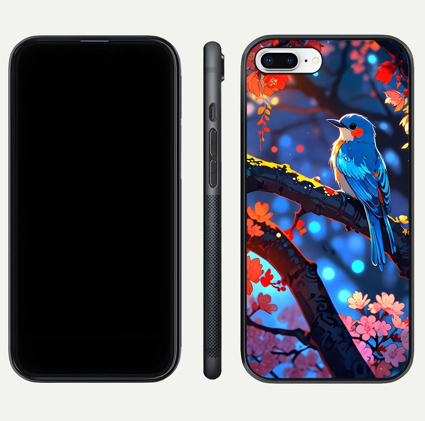 Blooming Spendor Bird Glass Case for iPhone 8 Plus front-and-back view showing nature print and protective edge
