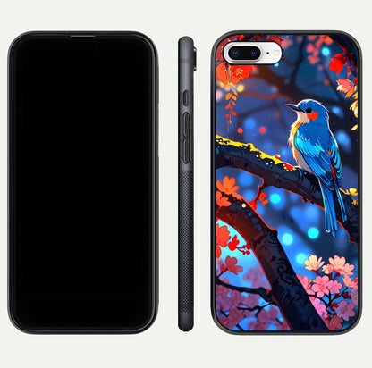 Blooming Spendor Bird Glass Case for iPhone 8 Plus front-and-back view showing nature print and protective edge