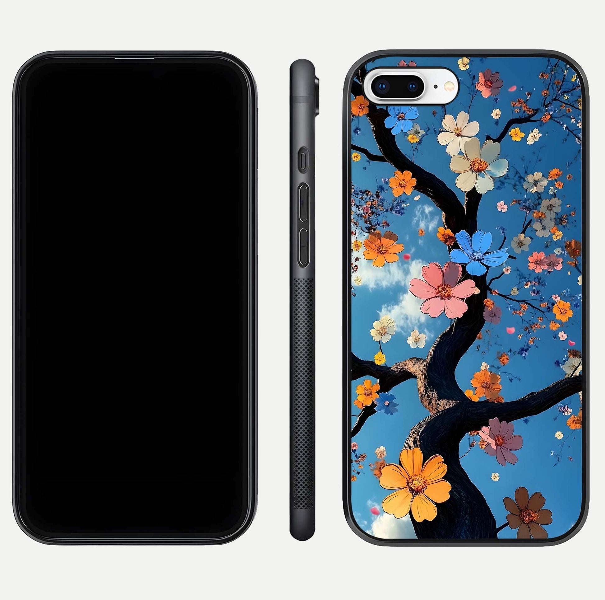 Blossom Dream Sky Glass Case for iPhone 16 Pro front-and-back layout showing floral print and premium edge gloss