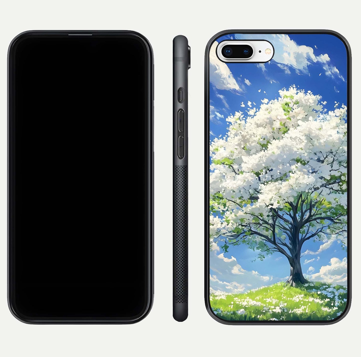 Blossom Sky Serenity Glass Case for iPhone 16 Pro dual-view layout showing pastel hues and soft protective edges