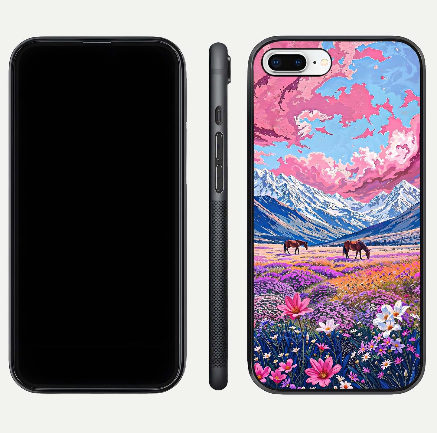 Blossom Valley Dream Glass Case for iPhone 16 Pro front-and-back layout highlighting glossy reflection and edge cut