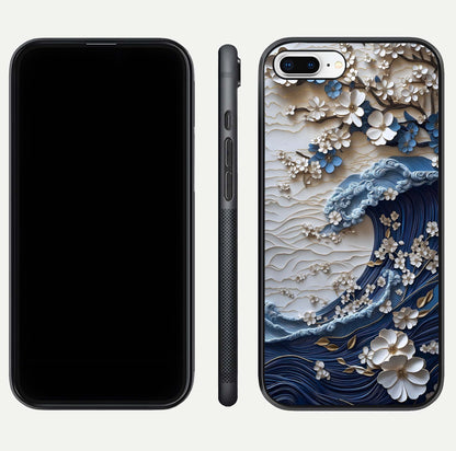 Blossom Wave Art Glass Case for iPhone 8 Plus front-and-back layout showing curved design and glass clarity