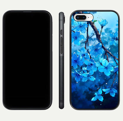 Blue Blossoms Branch Glass Case for iPhone 16 Pro dual-view layout displaying floral art and sleek protective frame