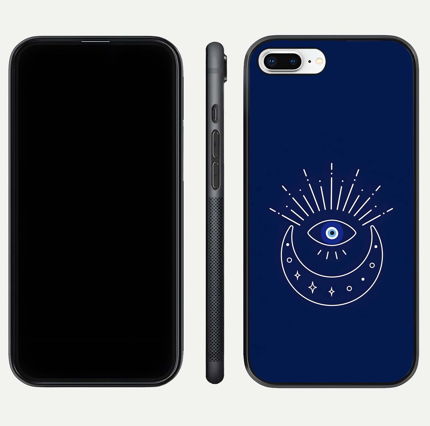 Blue Evil Eye Glass Case for iPhone 8 Plus front-and-back layout showing blue aura design and curved-edge clarity