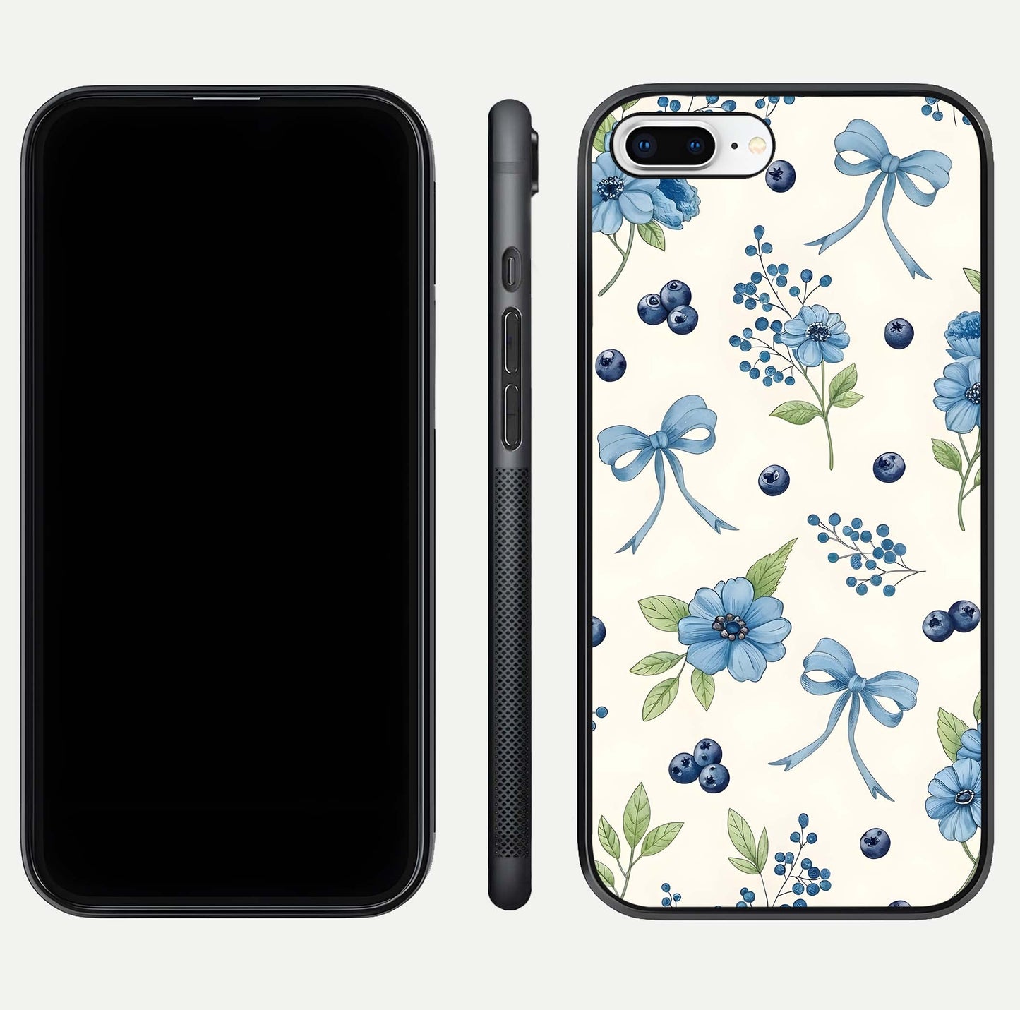 Blue Flower & Bow Glass Case for iPhone 16 Pro dual-view layout showing balanced pattern and smooth edges