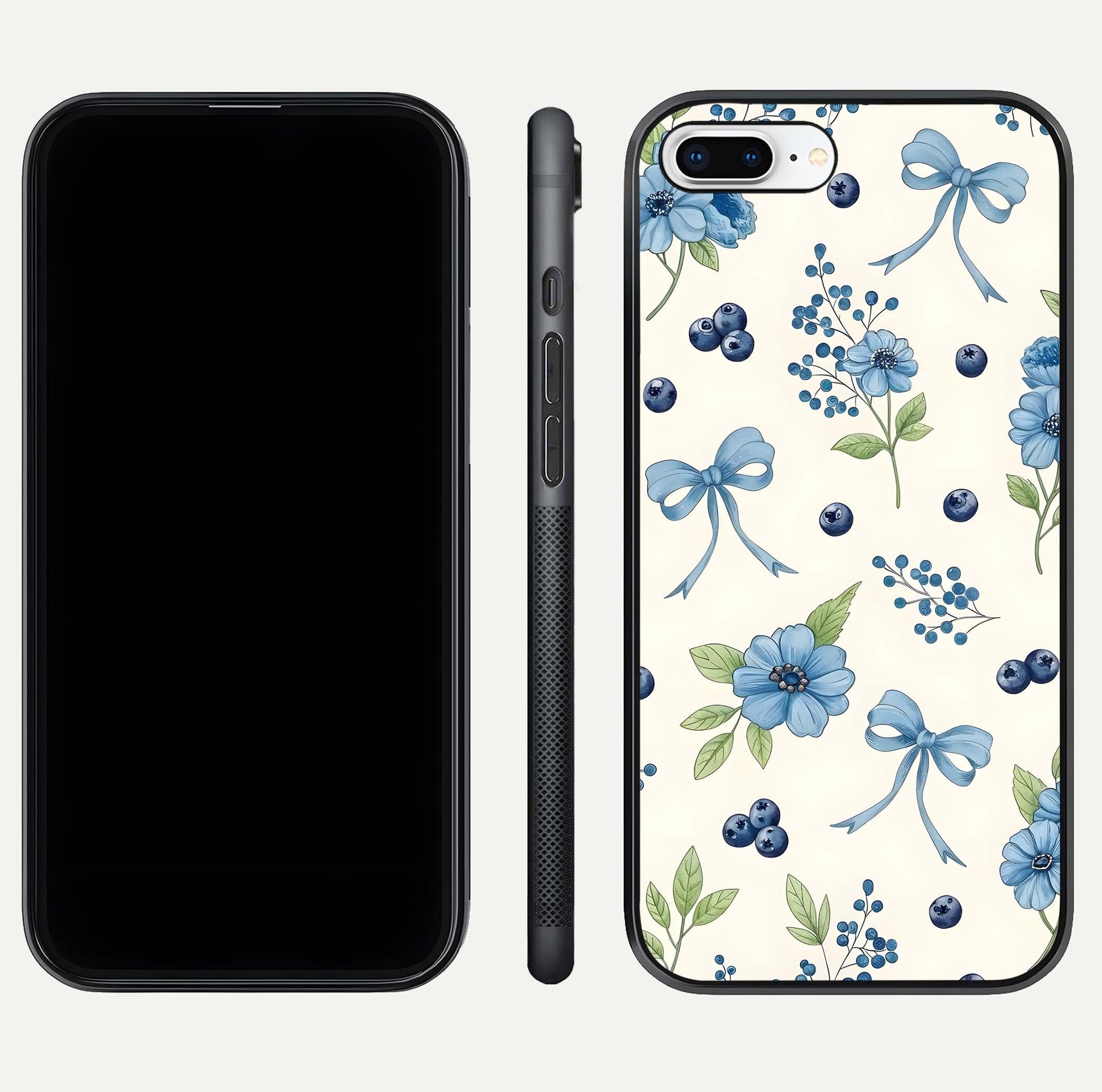 Blue Flower & Bow Glass Case for iPhone 16 Pro dual-view layout showing balanced pattern and smooth edges