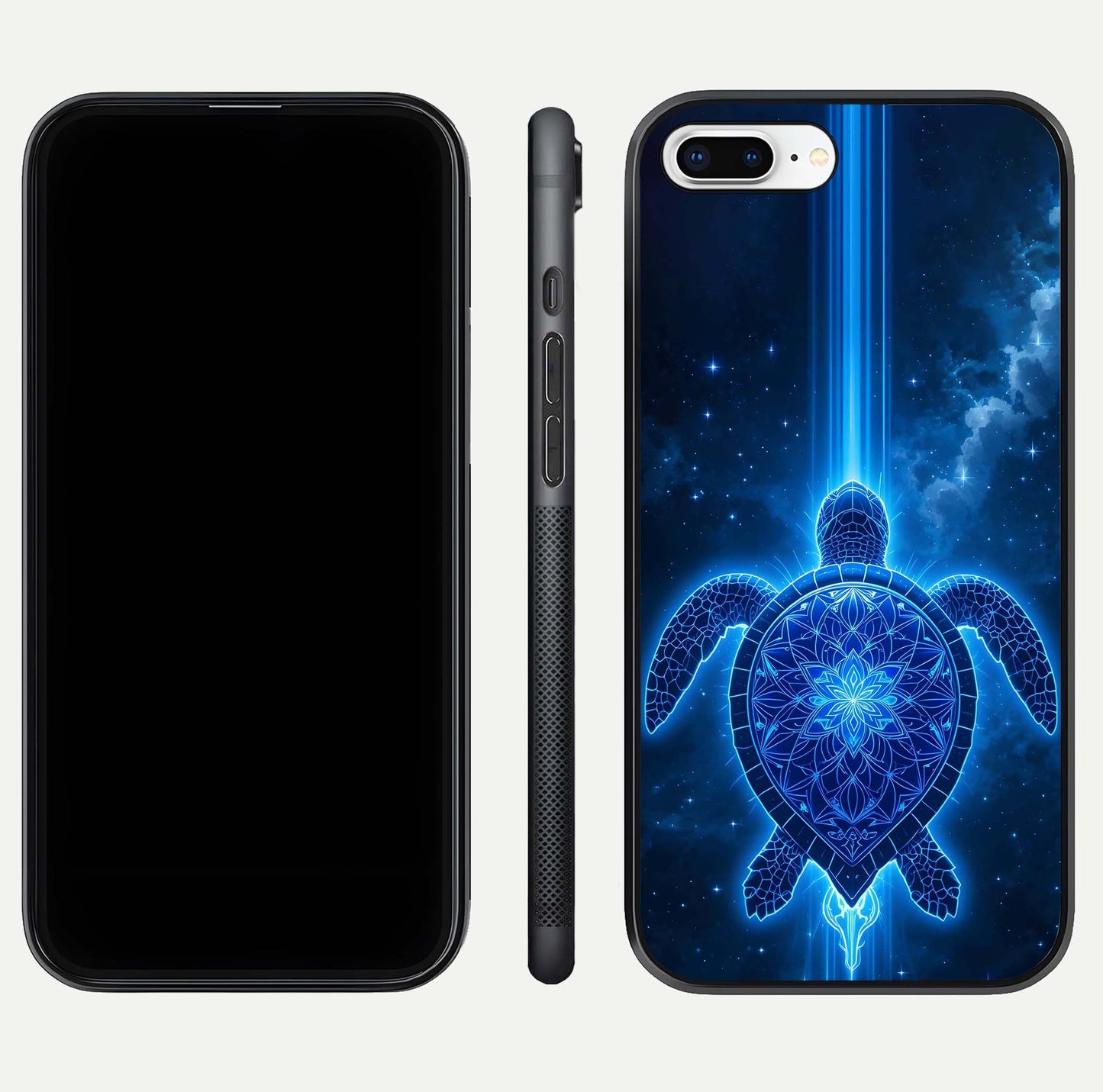 Blue Galaxy Turtle Glass Case for iPhone 8 Plus front-and-back layout highlighting cosmic art and reflective glass