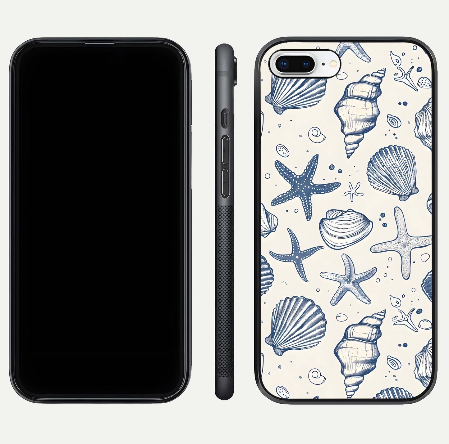 Blue Ocean Outline Glass Case for iPhone 8 Plus front-and-back layout showing minimal wave design and HD gloss