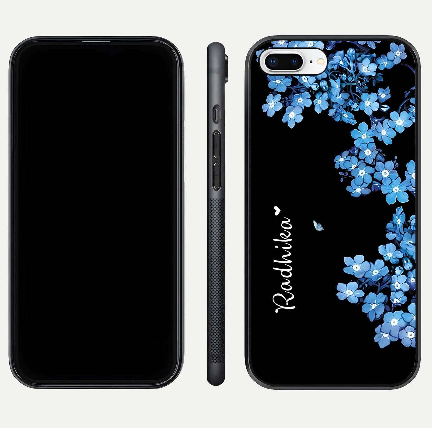 Blue Petal Dream Custom Name Glass Case for iPhone 8 Plus dual-view layout showing text placement and premium finish
