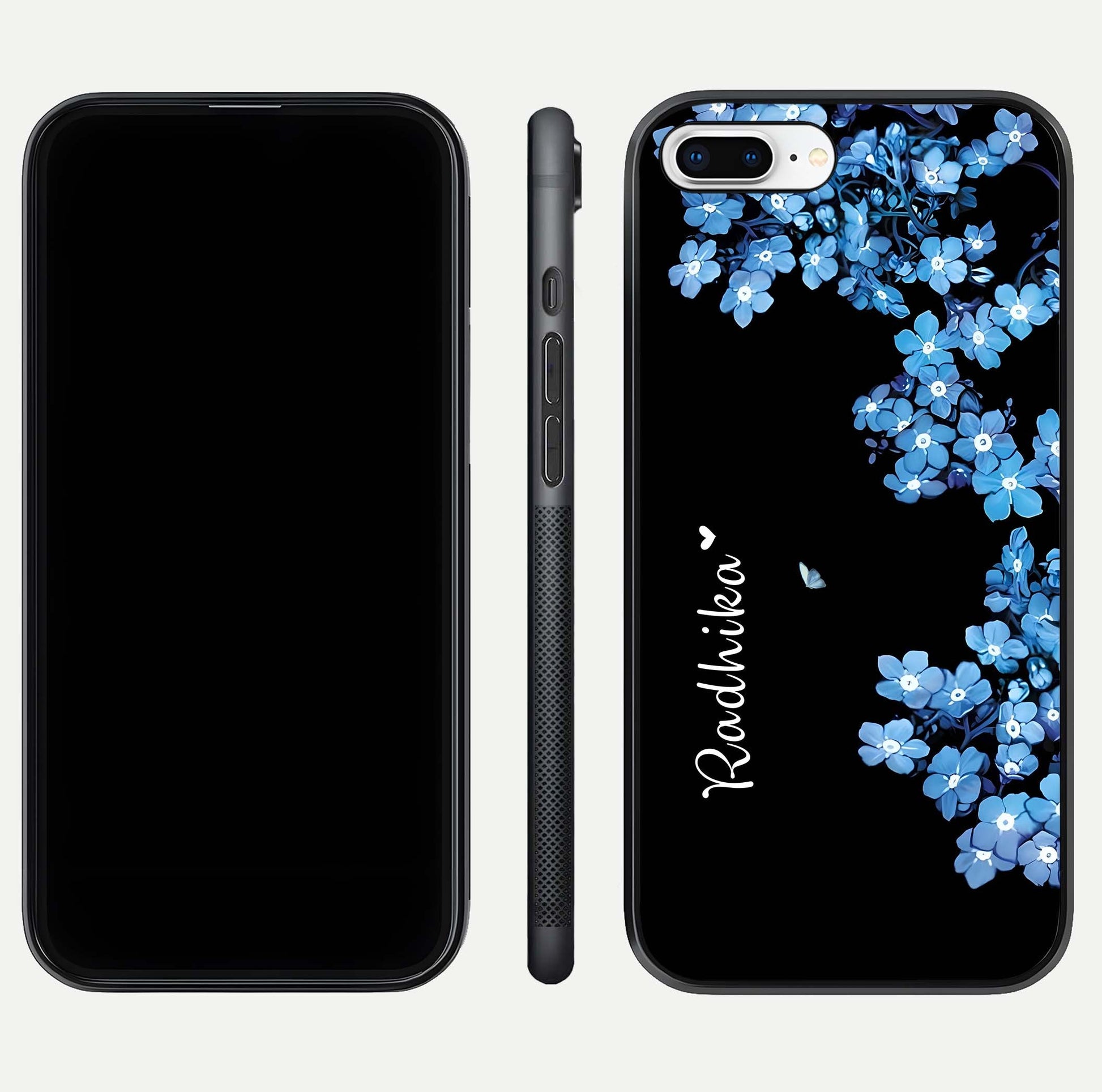 Blue Petal Dream Custom Name Glass Case for iPhone 8 Plus dual-view layout showing text placement and premium finish