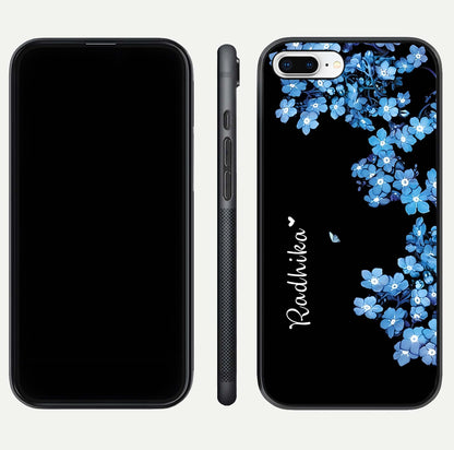 Blue Petal Dream Custom Name Glass Case for iPhone 8 Plus dual-view layout showing text placement and premium finish