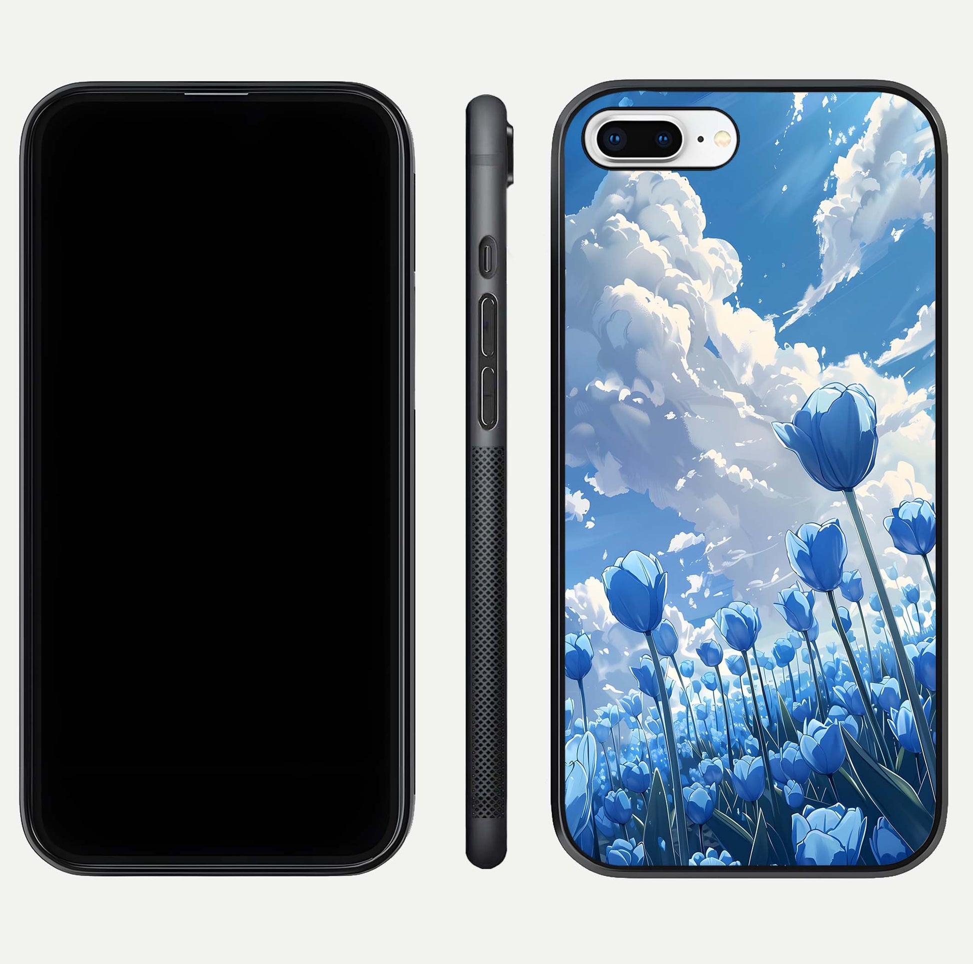 Blue Tulip Clouds Glass Case for iPhone 8 Plus front-and-back layout showcasing floral detail and polished edges