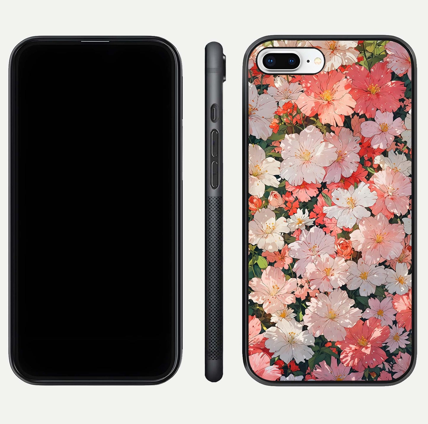 Blush Bloom Field Glass Case for iPhone 8 Plus dual-view layout showing bloom arrangement and protective frame
