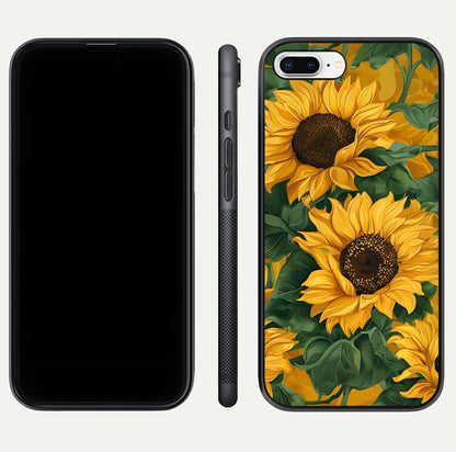Bright Sunflower Bloom Glass Case for iPhone 8 Plus dual-view layout displaying floral glow and curved glass edge
