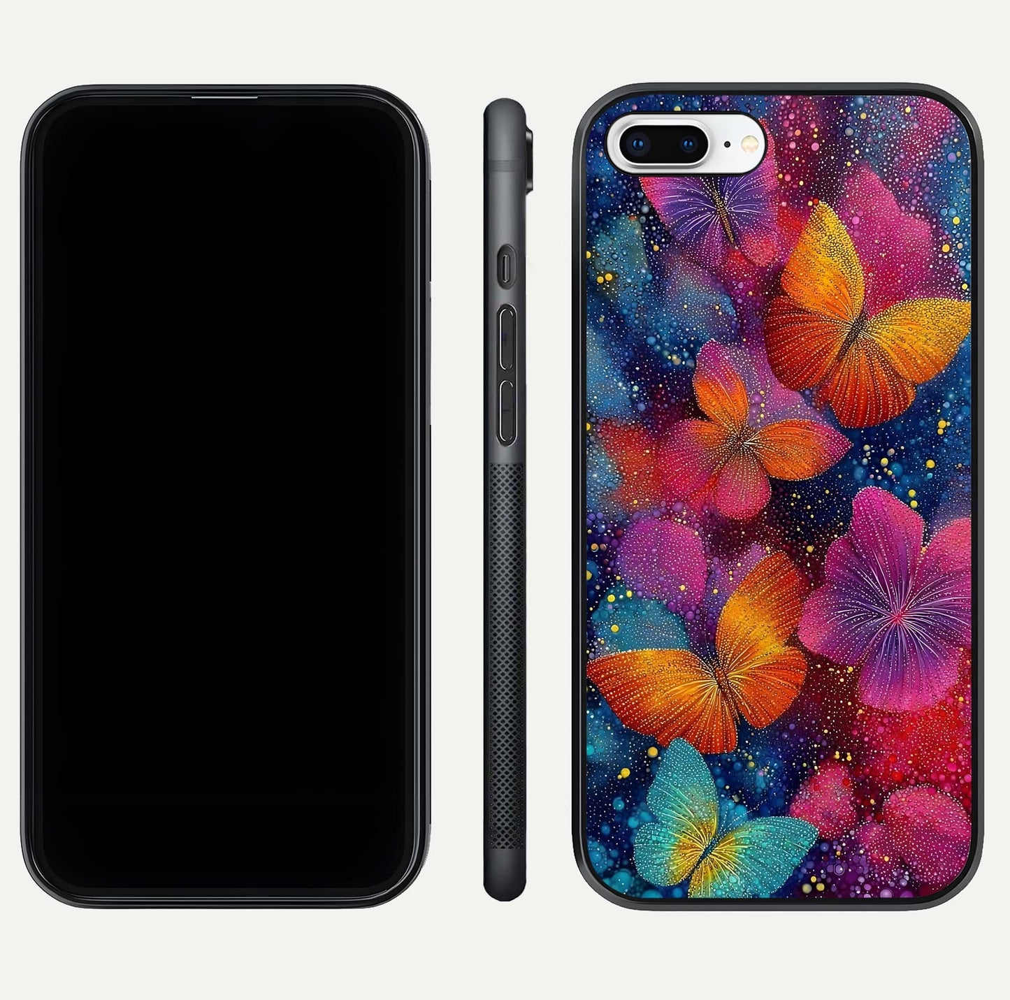 Butterfly Dream Mist Glass Case for iPhone 8 Plus dual-view layout showing mist background and edge polish