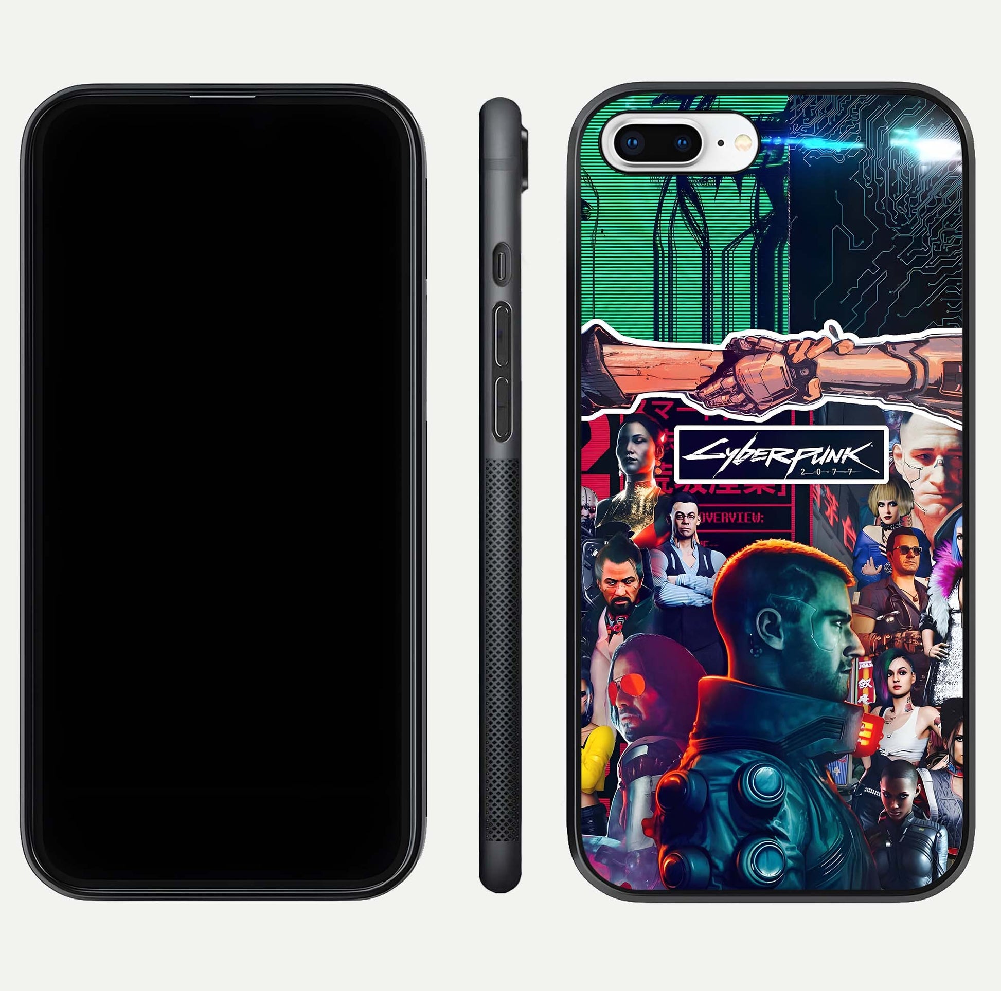 CYBERPUNK Legacy Glass Case for iPhone 8 Plus dual-view layout showing cyberpunk hues and glass precision