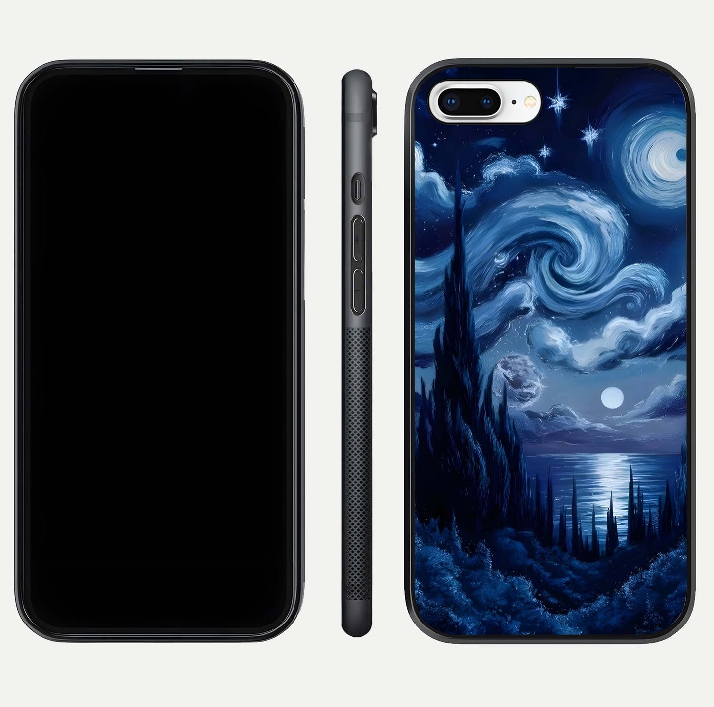 Celestial Dream Van Gogh Glass Case for iPhone 8 Plus dual-view layout displaying art texture and glass polish