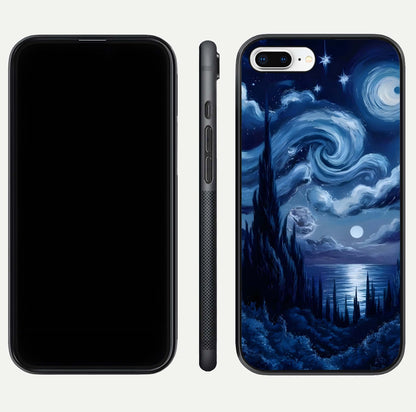 Celestial Dream Van Gogh Glass Case for iPhone 8 Plus dual-view layout displaying art texture and glass polish