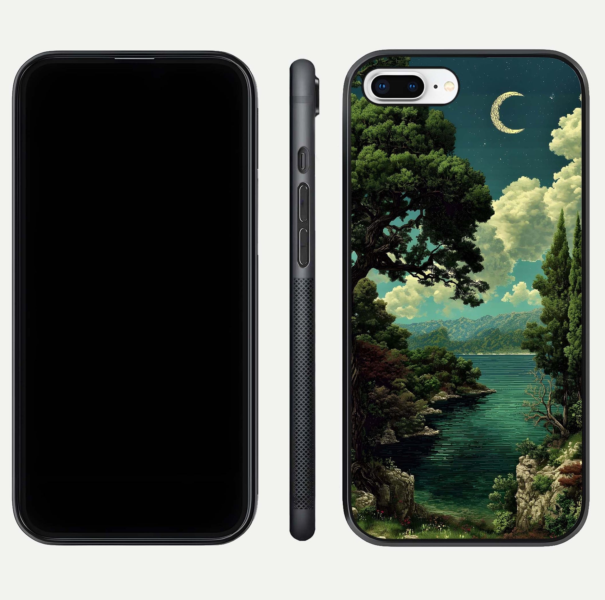 Celestial Lake Peace Glass Case for iPhone 8 Plus dual-view layout showing soft hues and HD shine