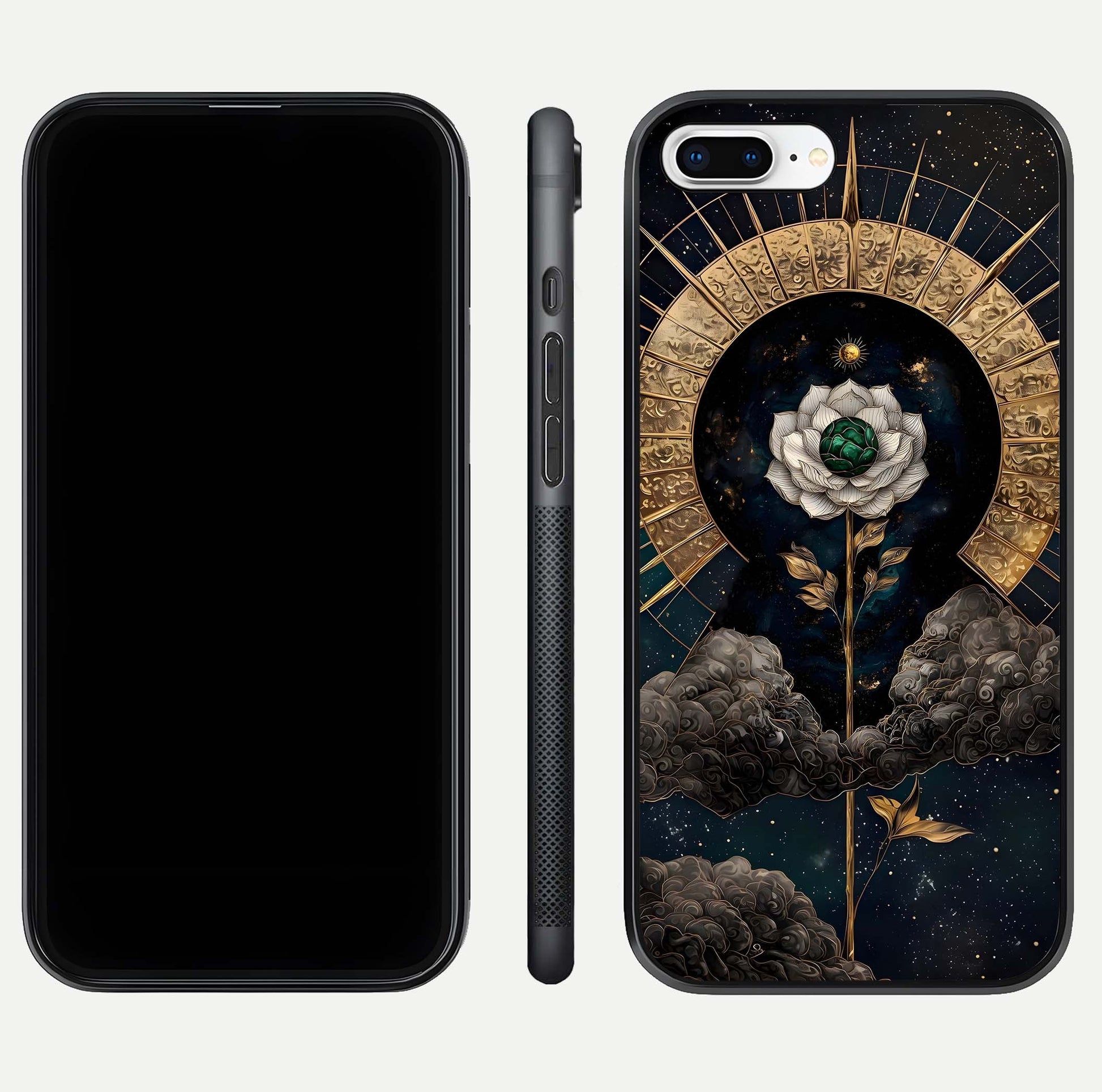 Celestial Lotus Morang Glass Case for iPhone 8 Plus dual-view layout displaying floral symmetry and polished edges