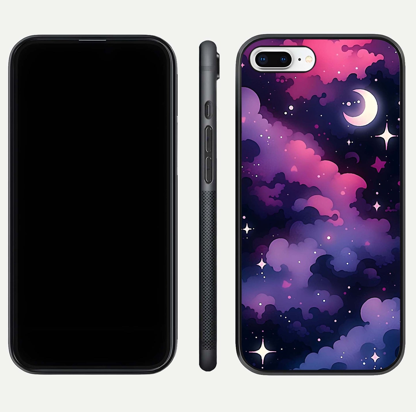 Celestial Moon Magic Glass Case for iPhone 8 Plus dual-view layout displaying lunar design and sleek edges