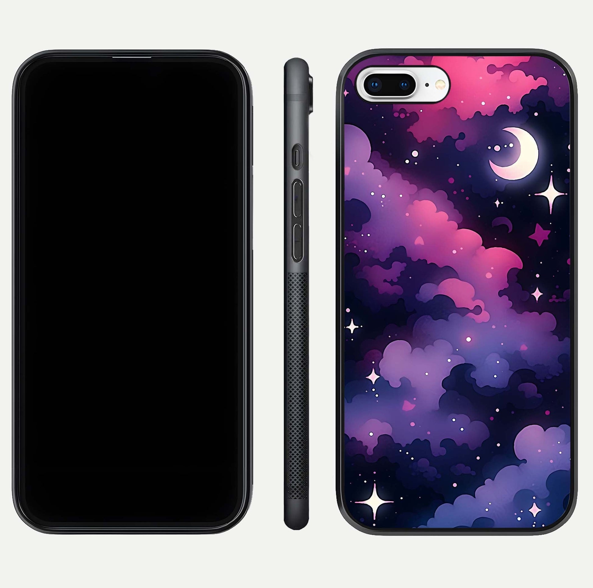 Celestial Moon Magic Glass Case for iPhone 8 Plus dual-view layout displaying lunar design and sleek edges