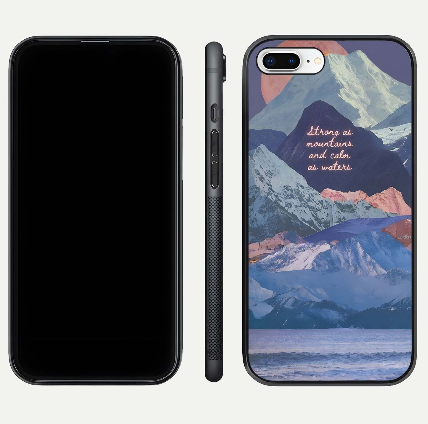 Celestial Mountain Calm Glass Case for iPhone 8 Plus dual-view layout displaying scenic tones and curved finish