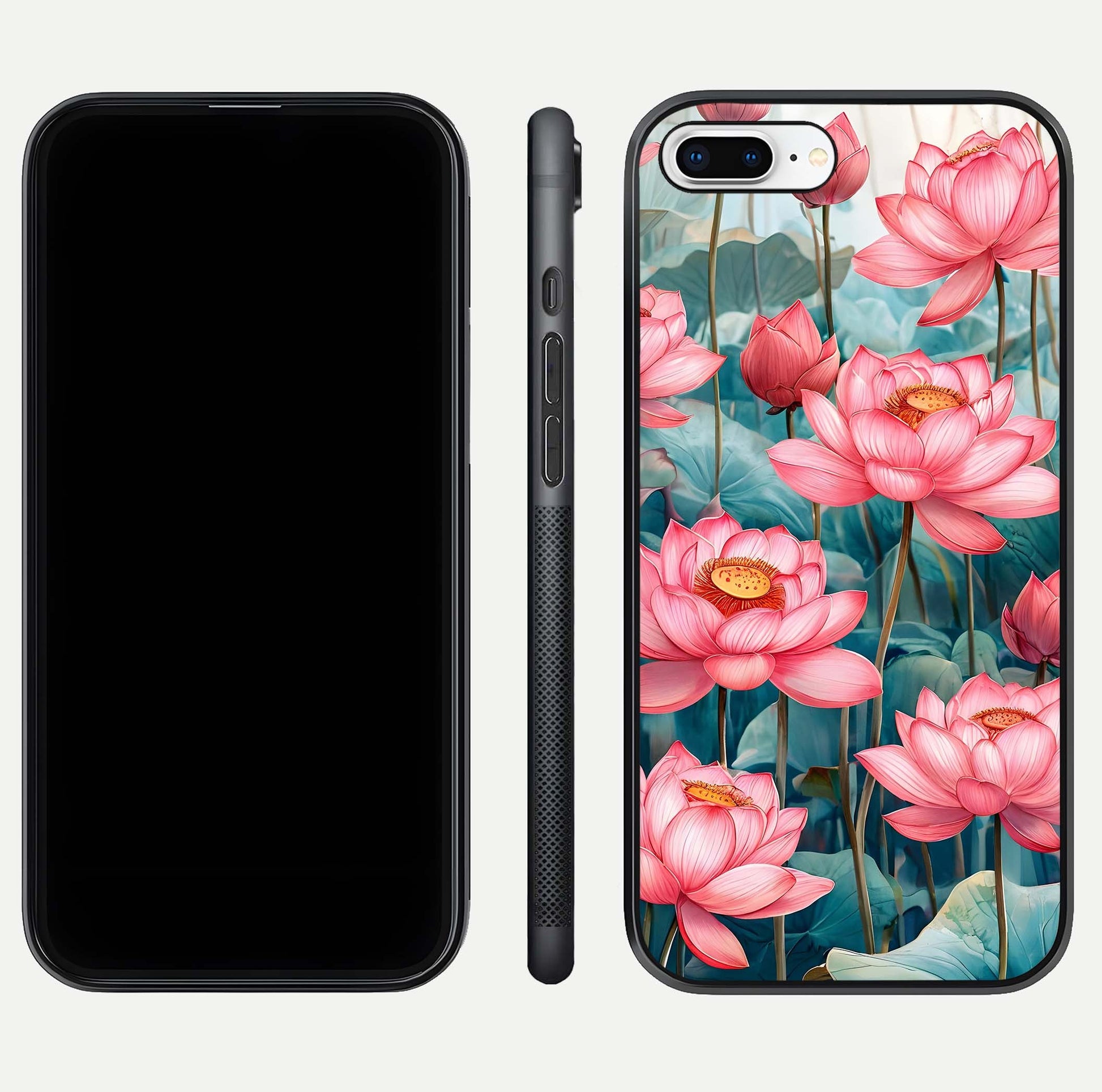 Celestial Pink Lotus Glass Case for iPhone 8 Plus dual-view layout showing floral center and smooth edges