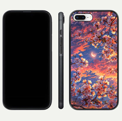 Celestial Sakura Sunset Glass Case for iPhone 8 Plus dual-view layout showing floral gradient and reflection polish