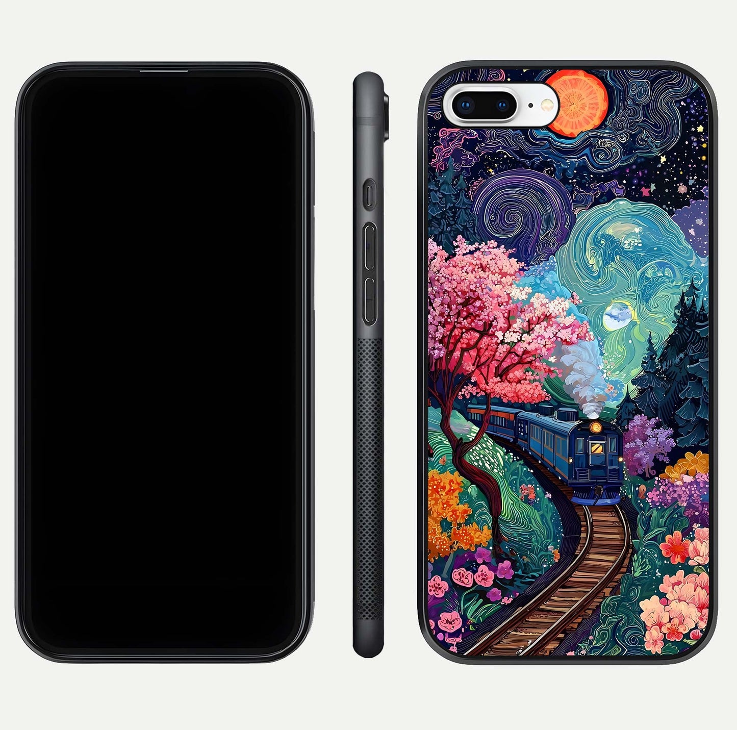 Celestial Train Journey Glass Case for iPhone 8 Plus dual-view layout showing cosmic art balance and curved glass edges