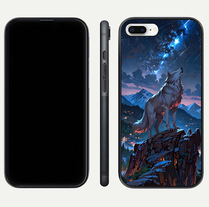 Celestial Wolf Howl Glass Case for iPhone 8 Plus dual-view layout displaying night tones and protective glass edges
