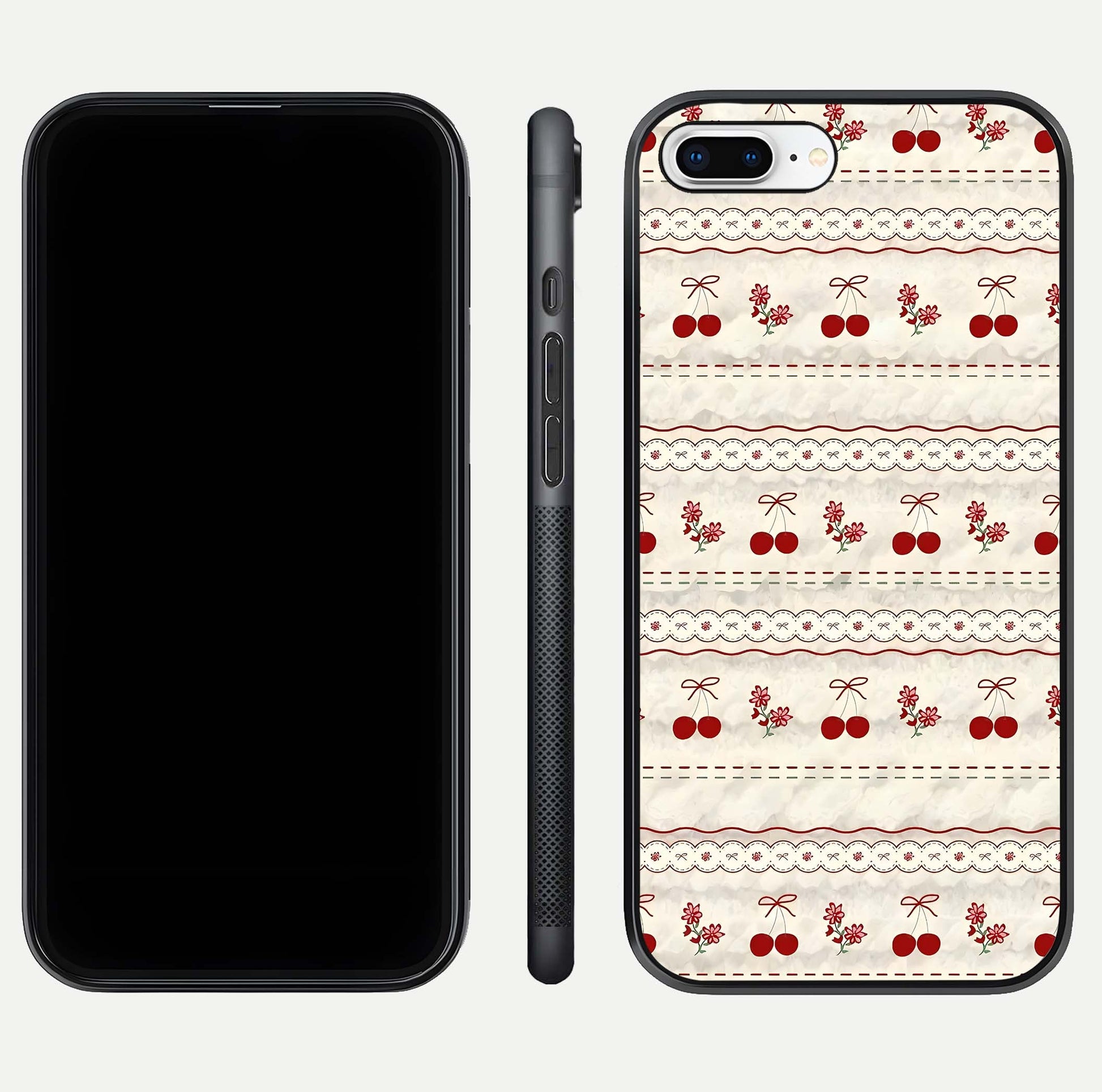 Cherry Bloom Charm Glass Case for iPhone 8 Plus front-and-back layout displaying floral art and smooth finish