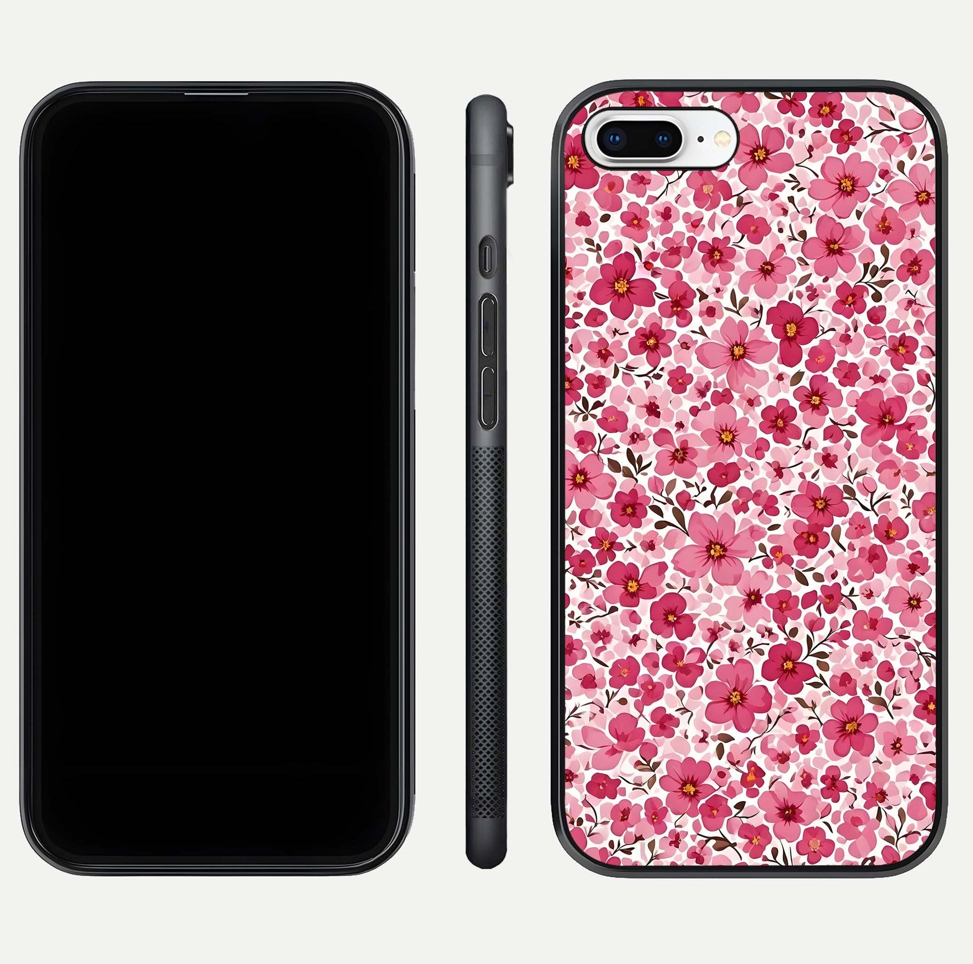 Cherry Blossom Charm Glass Case for iPhone 8 Plus dual-view layout showing elegant floral balance and HD gloss