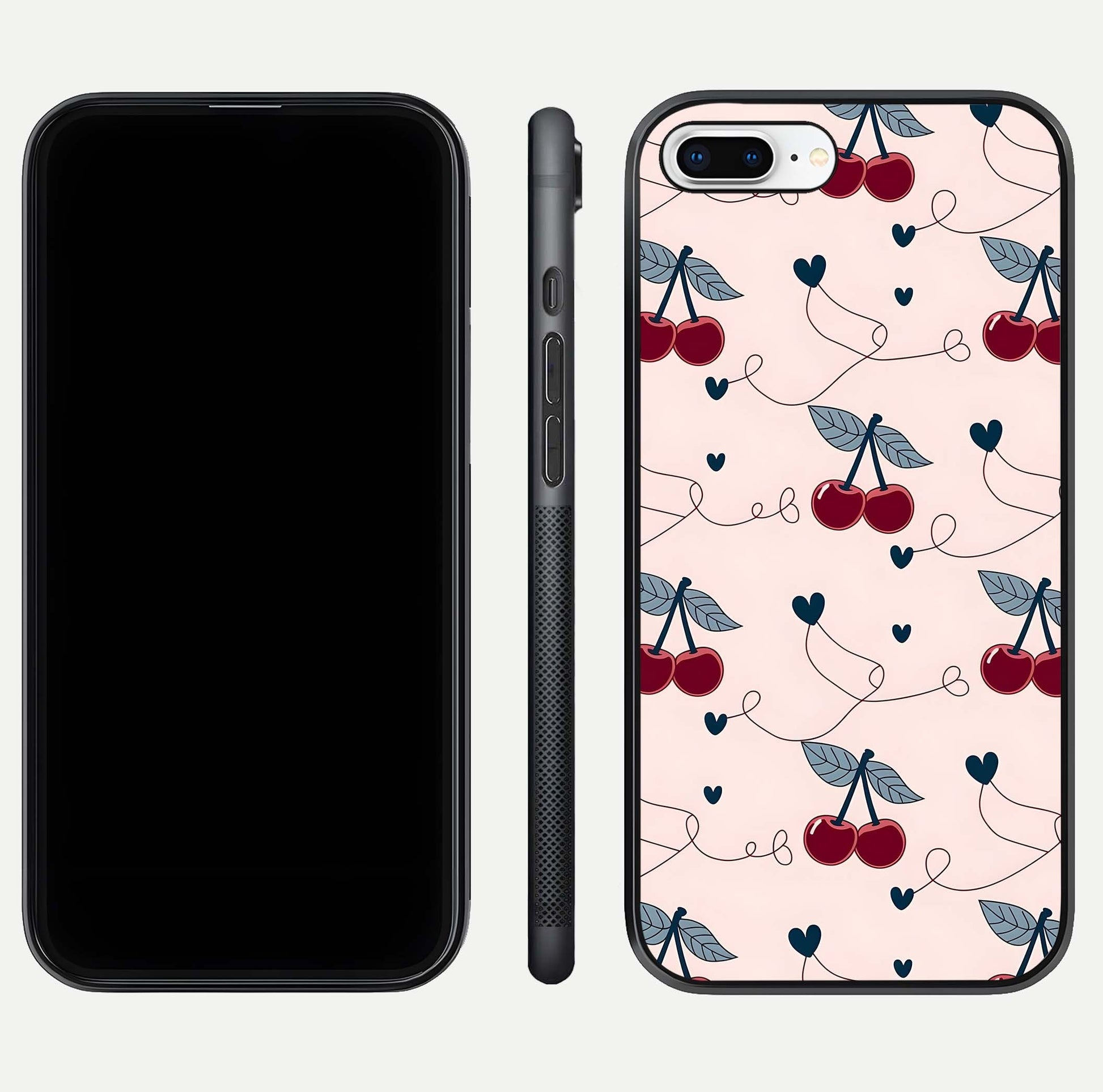 Cherry Heart Line Glass Case for iPhone 8 Plus dual-view layout displaying minimal cherry motif and edge design