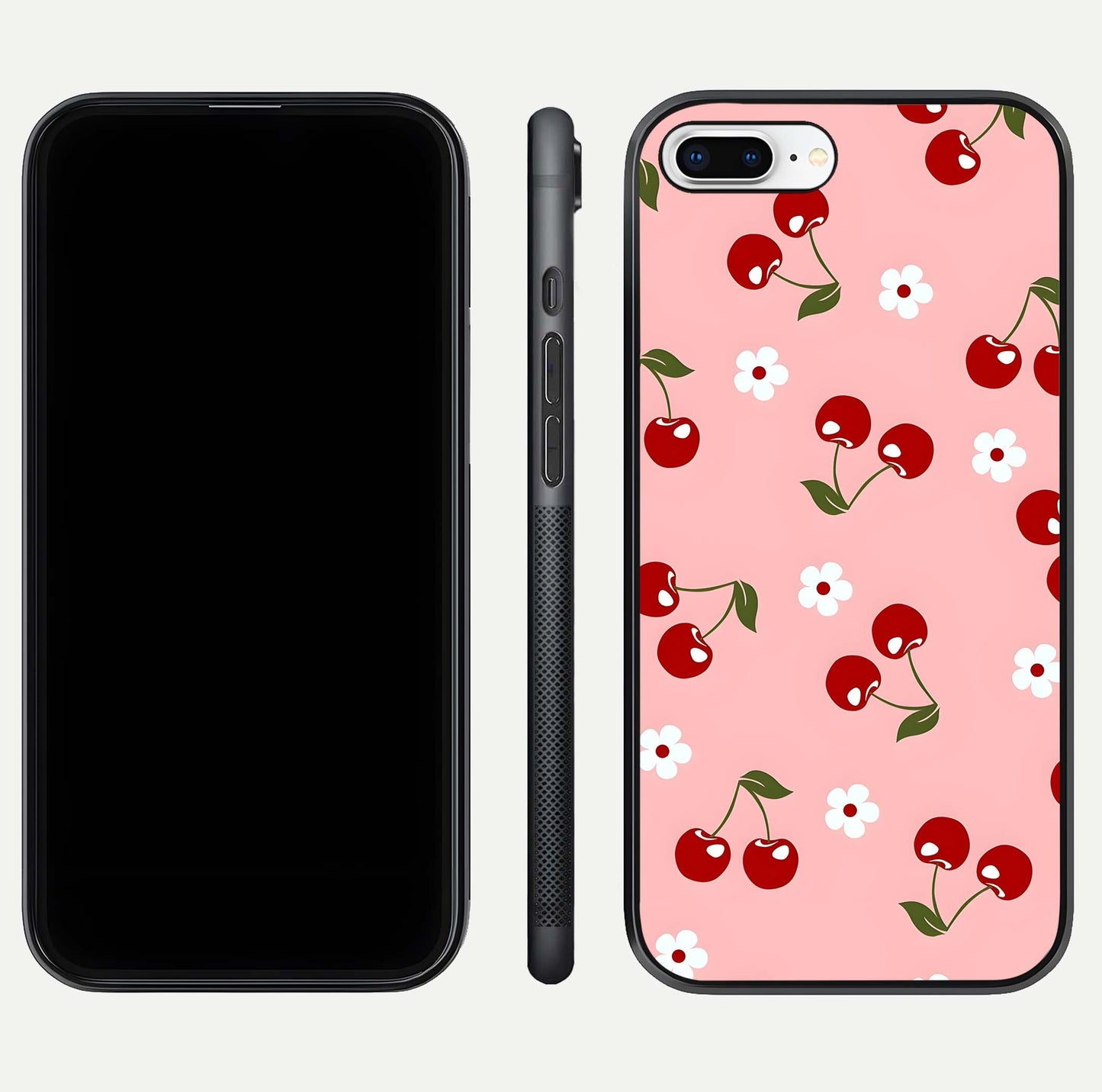 Cherry Love Mood Glass Case for iPhone 8 Plus dual-view layout showing design alignment and curved edges