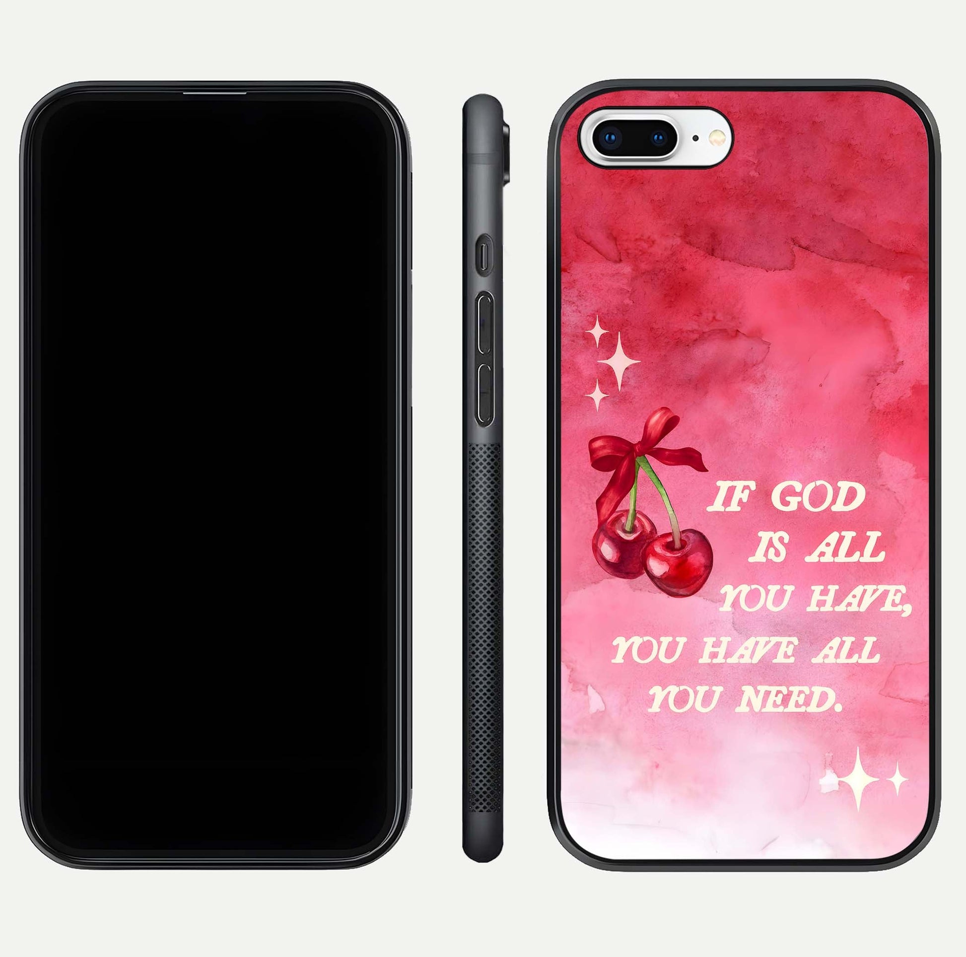 Cherry Quote Glass Case for iPhone 8 Plus dual-view layout showing red cherry tones and text balance
