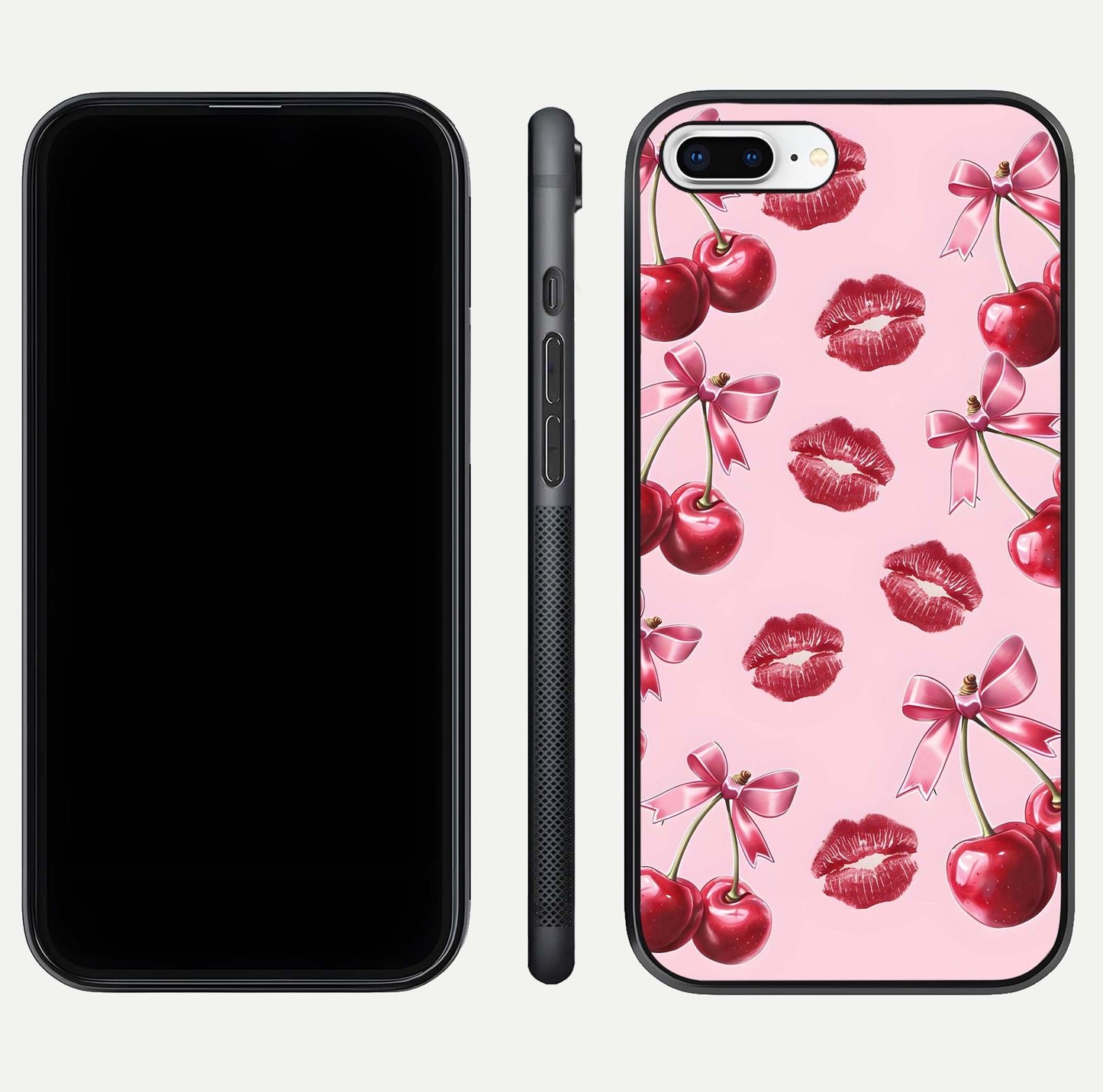 Cherry With Lips Glass Case for iPhone 8 Plus front-and-back layout displaying detailed design and glass finish