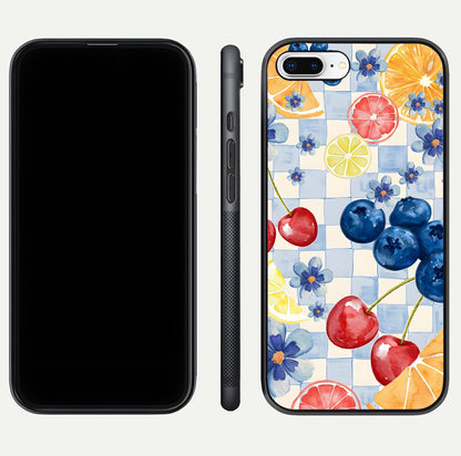 Citrus Bloom Joy Glass Case for iPhone 8 Plus dual-view layout displaying colorful print and smooth edges