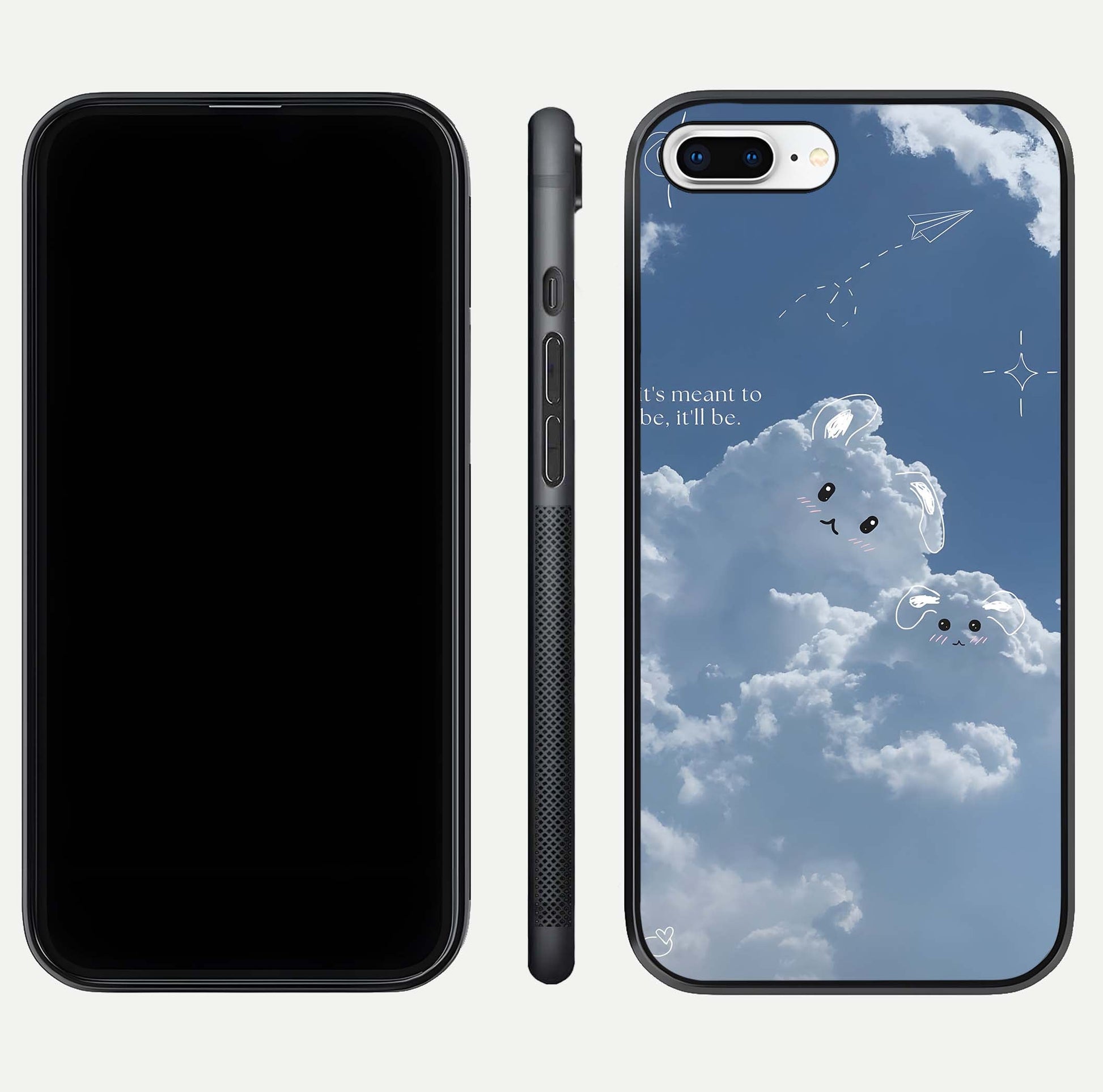 Cloud Bunny Dreams Glass Case for iPhone 8 Plus dual-view layout displaying aesthetic tones and smooth polish